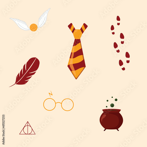 Seamless school of magic. Vector set of drawings with wizard objects - flying ball, magic feather, glasses, tie, potion cauldron, shoe print. Template ideal for children's textiles, clothes