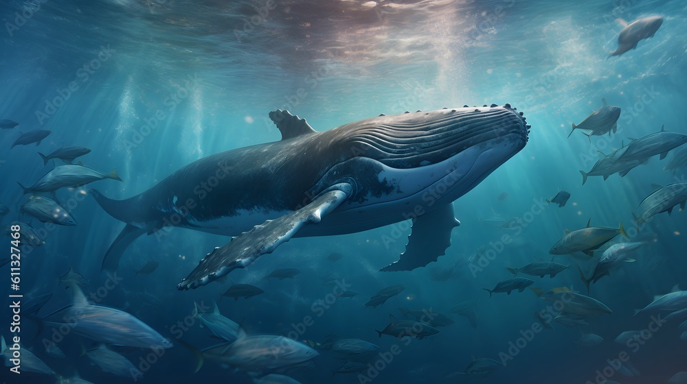 Fototapeta premium Whale swimming under sea. AI generated.
