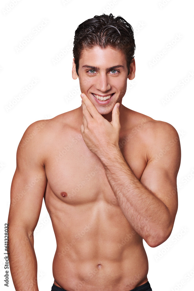 Portrait, muscle and man with skincare, fitness and morning routine isolated against a transparent background. Face, male person and model with health, cosmetics and beauty with png and dermatology