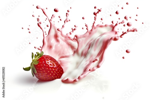 Strawberry Milk/Yogurt Splash on White, Generated Ai