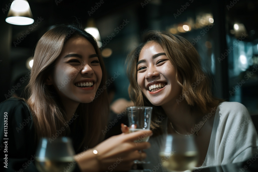 two young asian girls having fun at a restaurant at evening. Generative Ai