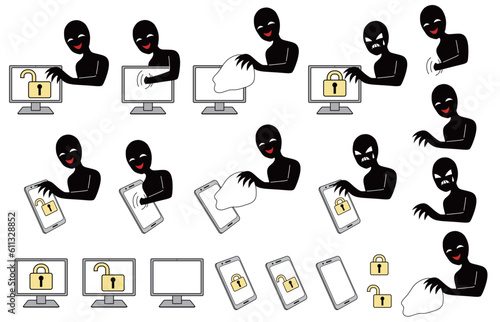スマホやパソコンに侵入する悪人イメージのイラスト素材セット