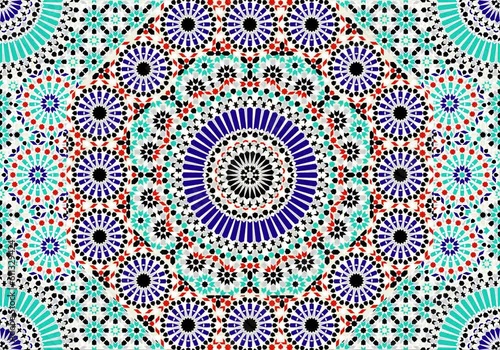 Moving hypnotic Arabic pattern mosaic video illustration. Seamless spiral and slow rotation. Red blue and green colors. Video animation 4K  