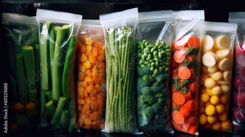 Frozen vegetables in plastic bags  mix  storage  healthy. generated ai.