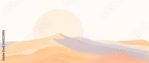 Abstract nature landscape background with watercolor testuro. Wallpaper in minimalist style with desert, sand, sun. For print, interior, wall art, decor, covers and banners.