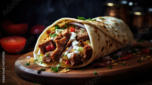 Delicious shawarma served on wooden board on table in cafe. Grilled pita wrapping chicken meat and fresh vegetables with sauce generative AI.