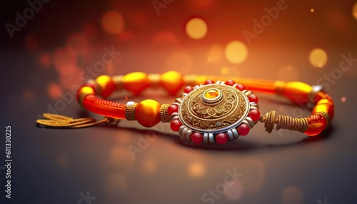 Raksha Bandhan background with elegant Rakhi.Traditional Indian wrist band, symbol of love between Brothers and Sisters.ai generated