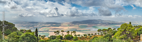 Panorama of the Israel Valley from the top of Mount Tabor in spring.
