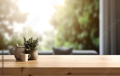 Mockup product display on table top with decoration and blurred living room background, backdrop, foreground, generative ai © ITrWorks