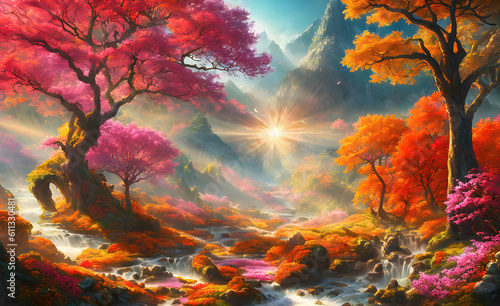 An autumn colorful landscape  beautiful orange red trees in the forest near river. Generative Ai.