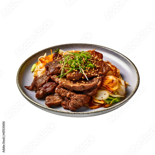 Traditional Korean Bulgogi dish. Thinly sliced ​​beef, served on a pretty plate, with vegetables