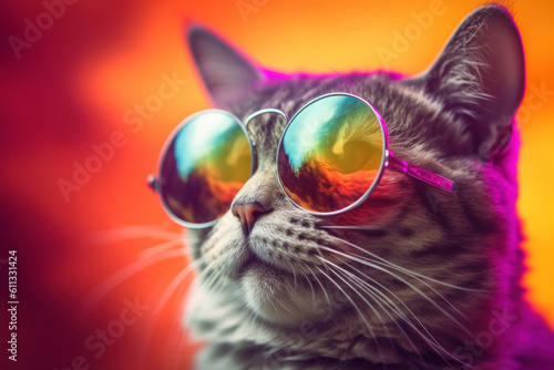 Cool cat with sunglasses on a colorful background. Generative Ai