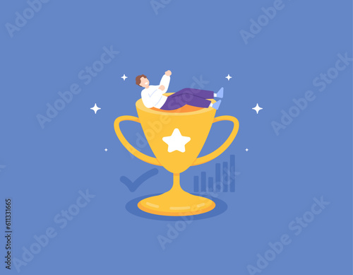 A champion and a winner. An employee gets the best employee award. successful businessman. Happy to get a trophy. achievements and rewards. illustration concept design. vector elements. blue