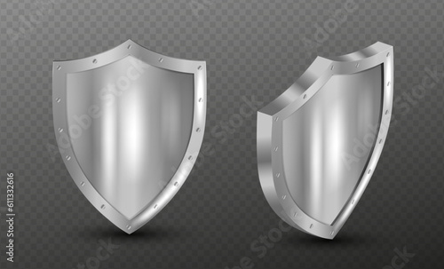 Metal shield with frame realistic vector illustration. Collection of military armor in front, side view isolated on transparent background. Blank silver steel metallic panel