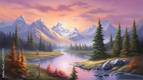 Serene Mountain Landscape: Breathtaking Nature Scenes Stock Photo with Snow-Capped Peaks, Green Valleys, and Crystal-Clear Rivers at Sunset, sunset in the mountains, Generative AI
