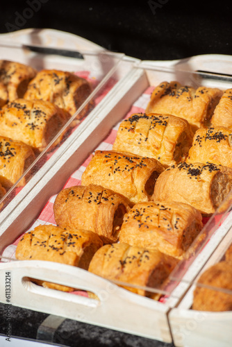 Background of sausage rolls on the table