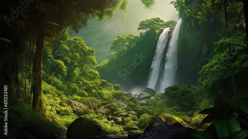 Captivating Nature's Majesty: Cascading Waterfall in Lush Rainforest | Illustration in Realistic Style - waterfall in the forest, Generative AI