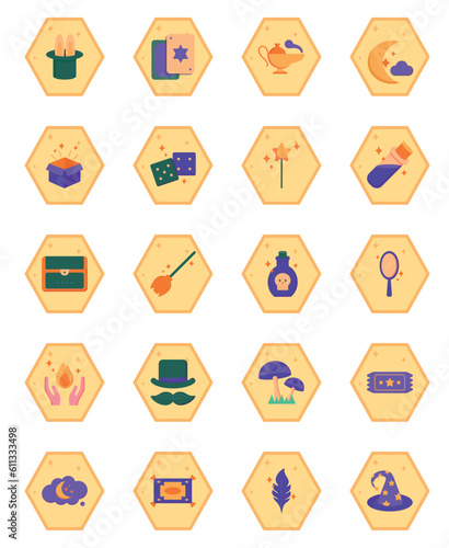 magic vector icon set with yellow background