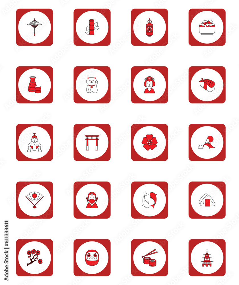 vector icon set of japanese culture with red border vector icon set of japanese culture with red border