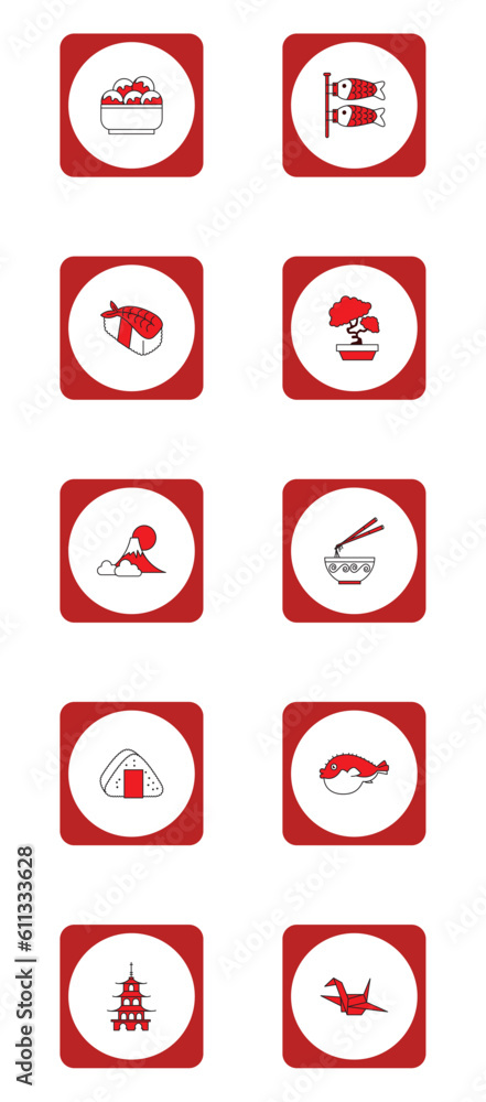 vector icon set of japanese culture with red border vector icon set of japanese culture with red border