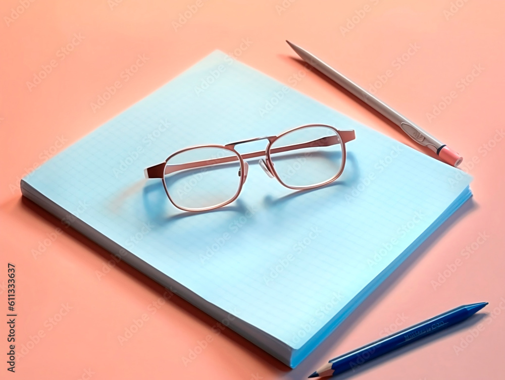 Notebook with glasses and pencils on a pink background. View from above.AI Generated Notebook with glasses and pencils on a pink background. View from above.AI Generated