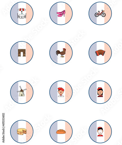 vector icon set of french culture with blue white and red color background