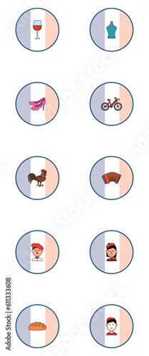 vector icon set of french culture with blue white and red color background