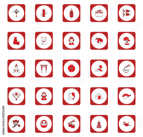 vector icon set of japanese culture with red border