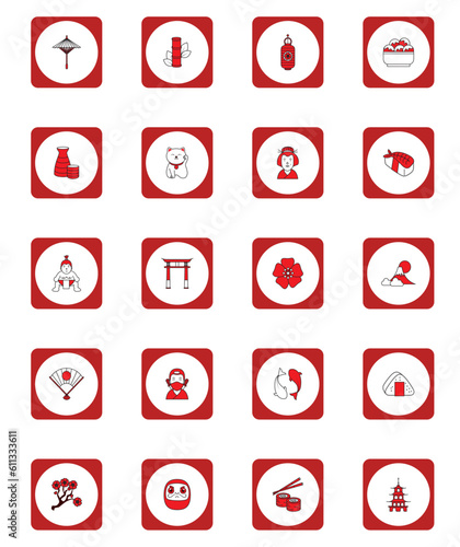 vector icon set of japanese culture with red border