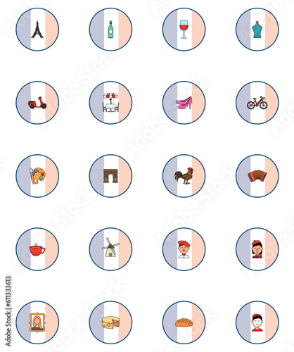 vector icon set of french culture with blue white and red color background