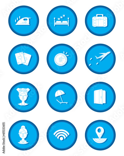 vector icon set of hotel stuff on blue background