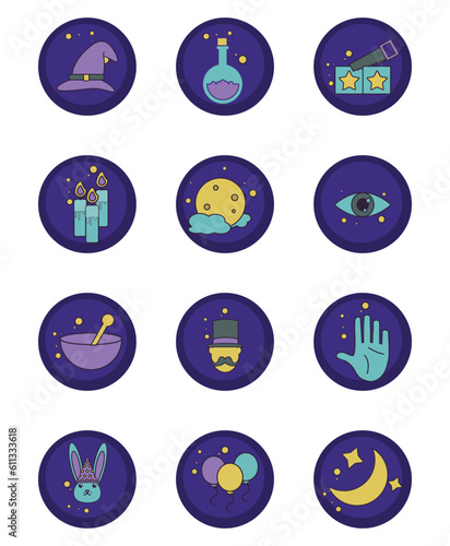 magic vector icon set with purple background and round shape