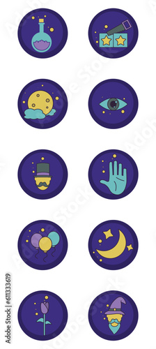 magic vector icon set with purple background and round shape