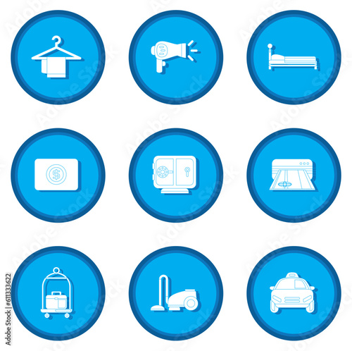 vector icon set of hotel stuff on blue background