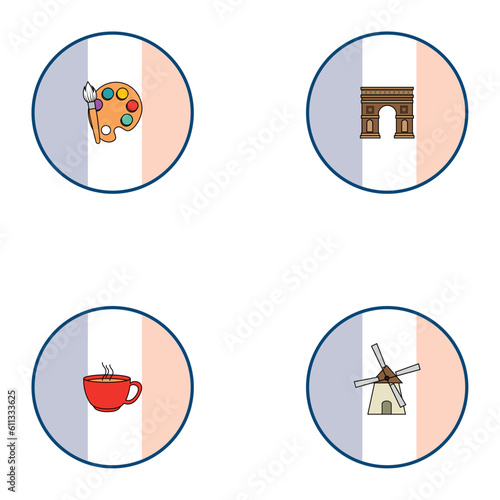 vector icon set of french culture with blue white and red color background