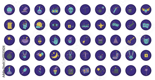 magic vector icon set with purple background and round shape