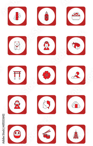 vector icon set of japanese culture with red border