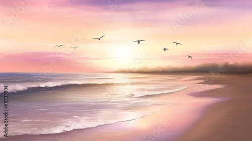 Tranquil Sunrise Beach: Serene Nature Scene with Pink, Purple, and Orange Sky, birds flying over the sunset, beach wallpaper, Generative AI © Ameer