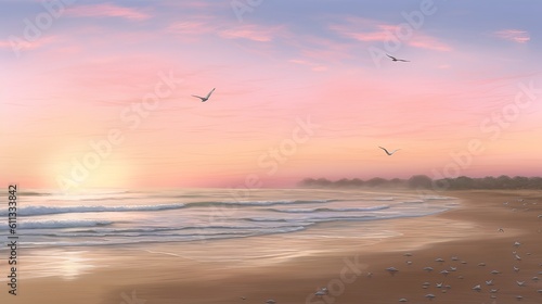Tranquil Sunrise Beach: Serene Nature Scene with Pink, Purple, and Orange Sky, birds flying over the sea, beach wallpaper, Generative AI © Ameer