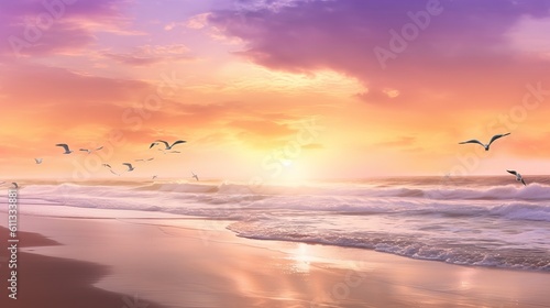 Tranquil Beach at Sunrise  Peaceful Nature Scenes Background in Ethereal Colors  sunset on the beach  sunset on the sea  beach wallpaper  Generative AI