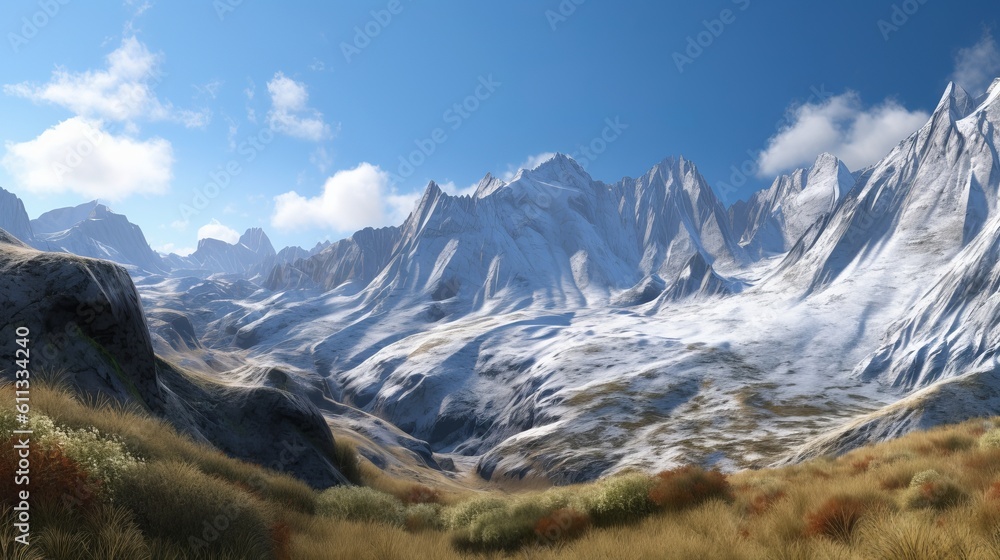 Majestic Snow-Capped Mountain Vista: Awe-Inspiring HD Image Capturing the Rugged Beauty of Nature, panorama of the mountains in autumn, Generative AI