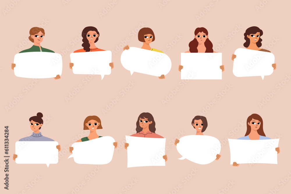 Group of different girls with empty boards. Set of young womans Group of different girls with empty boards. Set of young womans