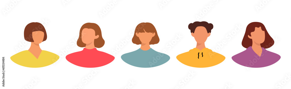 Collection of different female avatars without a face. User icons