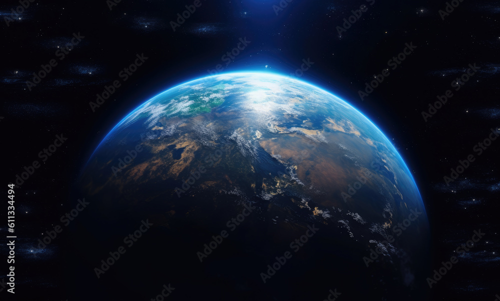Planet earth in viewed from space from space, atmospheric lighting, panoramic scale, Blue planet. Generative Ai.