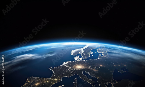 Planet earth in viewed from space from space, atmospheric lighting, panoramic scale, Blue planet. Generative Ai.