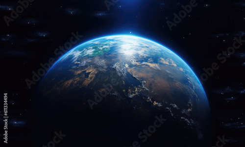Planet earth in viewed from space from space, atmospheric lighting, panoramic scale, Blue planet. Generative Ai. © Saulo Collado