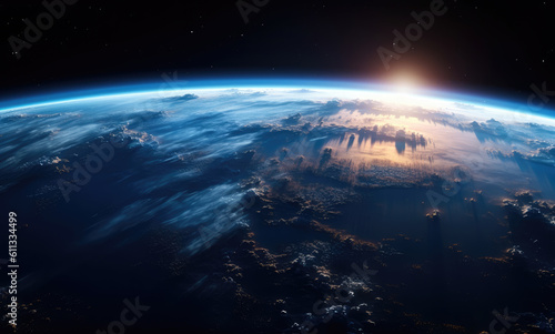 Planet earth in viewed from space from space  atmospheric lighting  panoramic scale  Blue planet. Generative Ai.