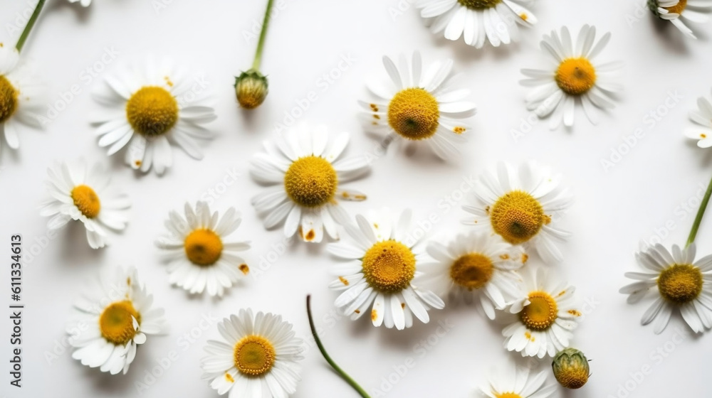 Fototapeta premium Bright chamomile daisy flower bud and stems pattern on white background. Aesthetic summer flower texture background. Generative ai.