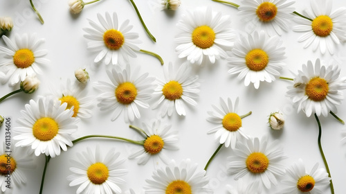 Bright chamomile daisy flower bud and stems pattern on white background. Aesthetic summer flower texture background. Generative ai. © Aiakos