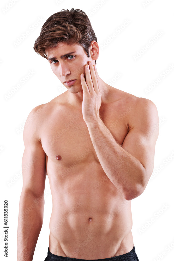Fototapeta premium Sad, skincare and portrait of a man with a problem isolated on a transparent png background. Anxiety, cosmetic wellness and a person with acne, touching face for a pimple or a facial breakout